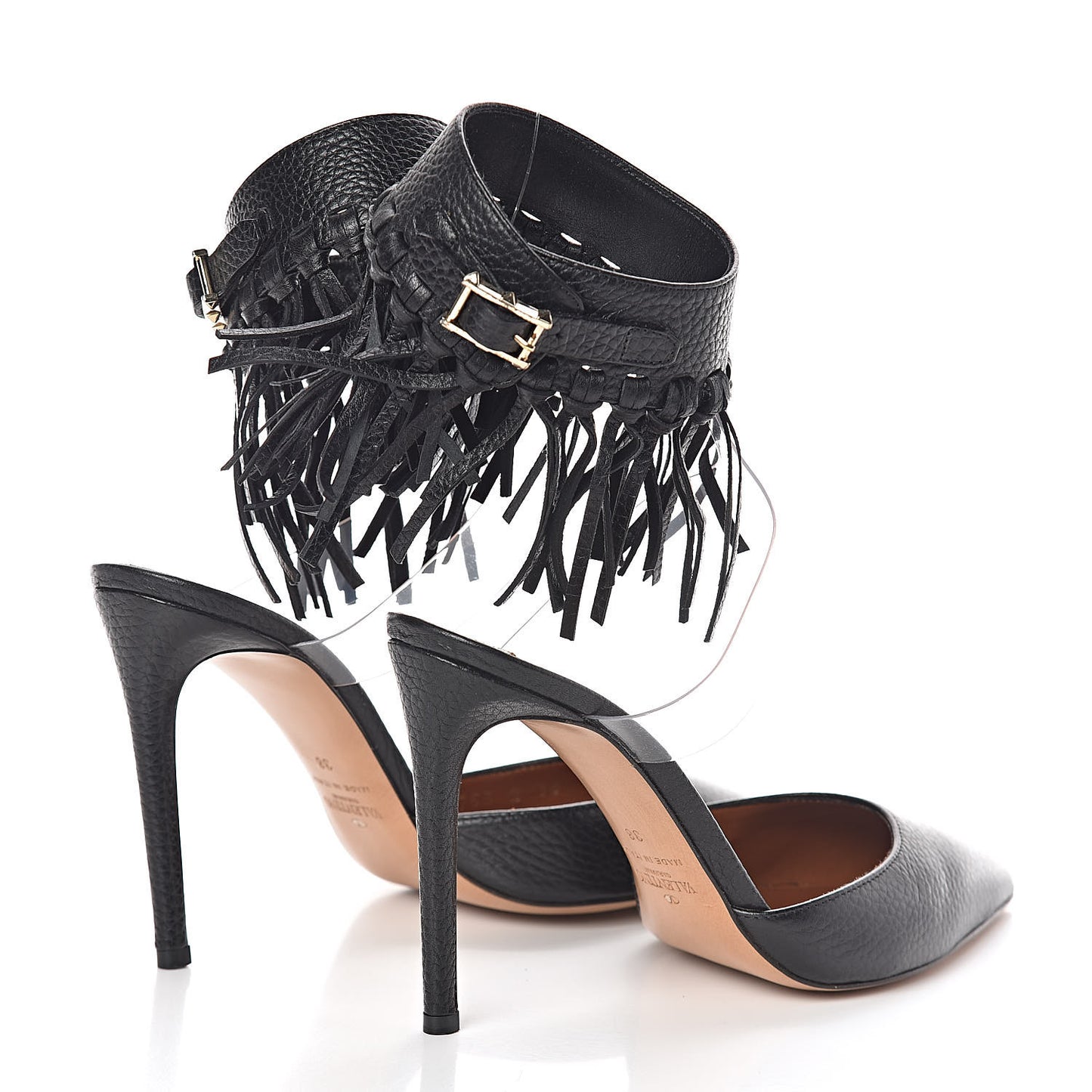 Grained Calfskin C Rockee Fringe Ankle Wrap Pumps 38 Black