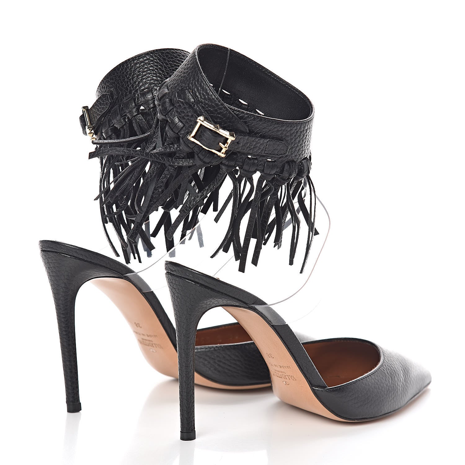 Valentino Garavani Grained Calfskin C Rockee Fringe Ankle Wrap Pumps 38 Black 4 of 7