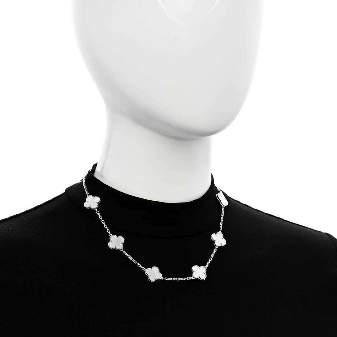 18K White Gold Mother of Pearl 10 Motifs Vintage Alhambra Necklace