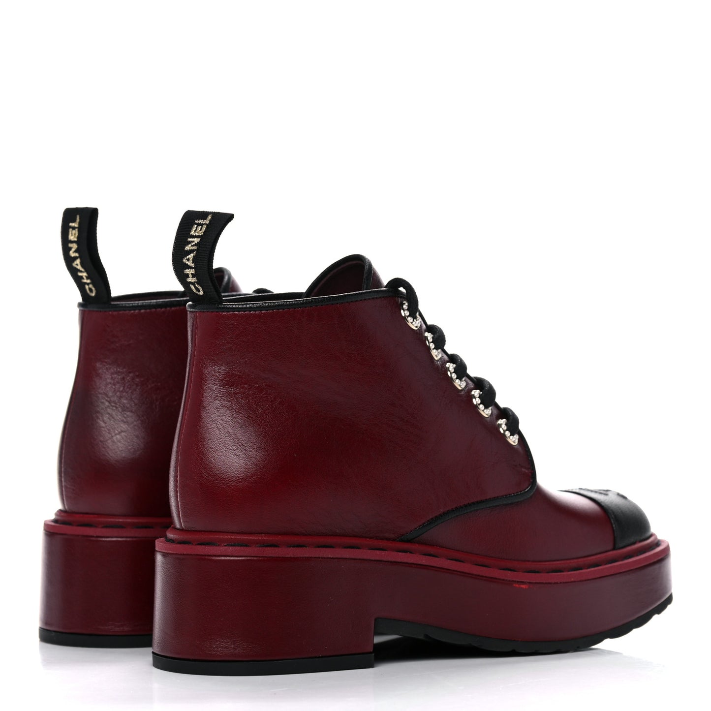 Shiny Calfskin Pearl Lace Up Combat Short Boots 35 Burgundy Black