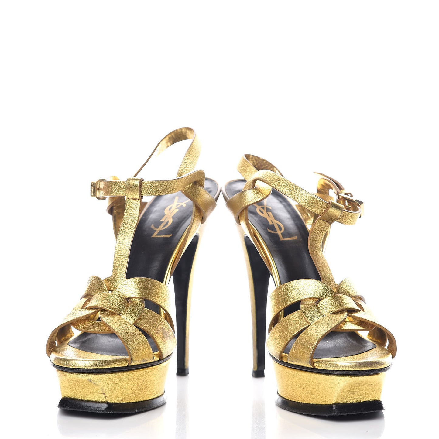 Metallic Crackled Calfskin Tribute 105 Platform Sandals 37 Black Gold
