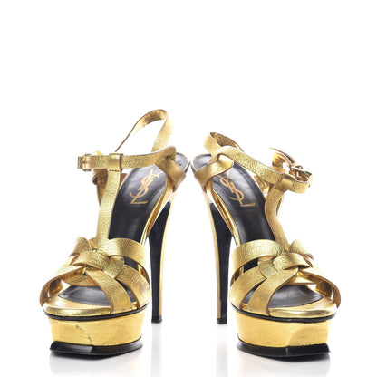 Saint Laurent Metallic Crackled Calfskin Tribute 105 Platform Sandals 37 Black Gold 5 of 18