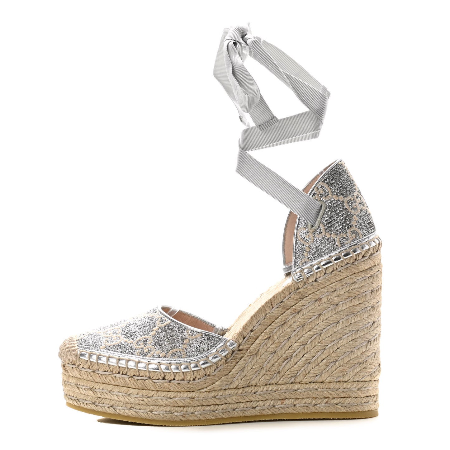 Lame GG Monogram Ankle Wrap Platform Espadrille Wedges 36 Silver Beige Light Grey