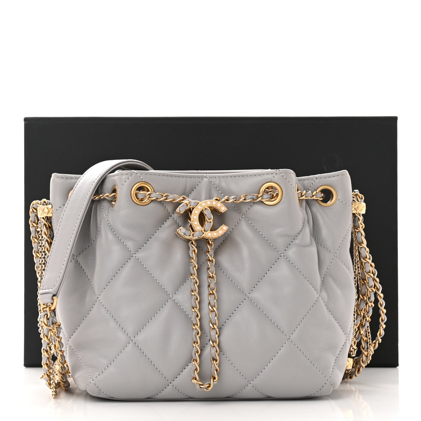 Lambskin Quilted Crush on Chains Drawstring Bucket Bag Hobo Grey