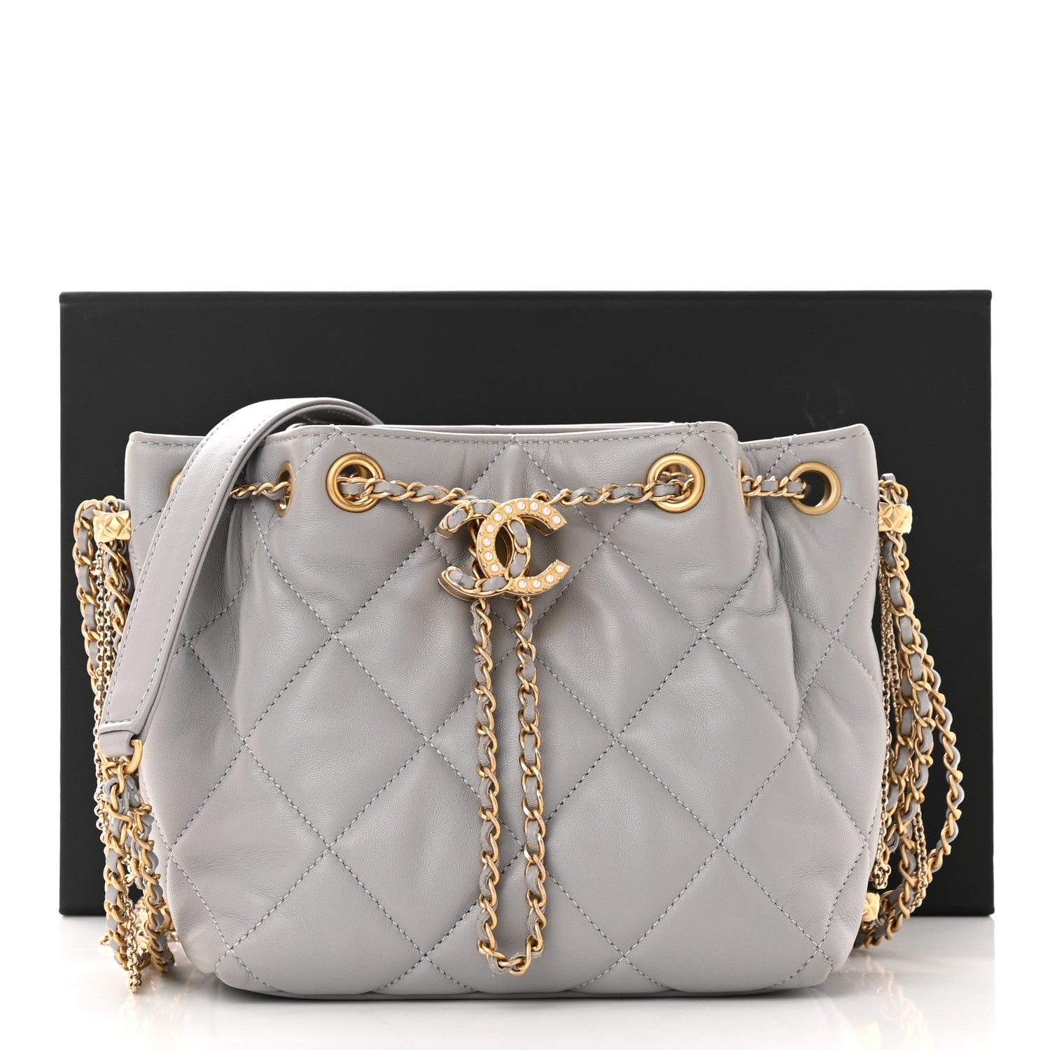 Chanel Lambskin Quilted Crush on Chains Drawstring Bucket Bag Hobo Grey 12 of 12