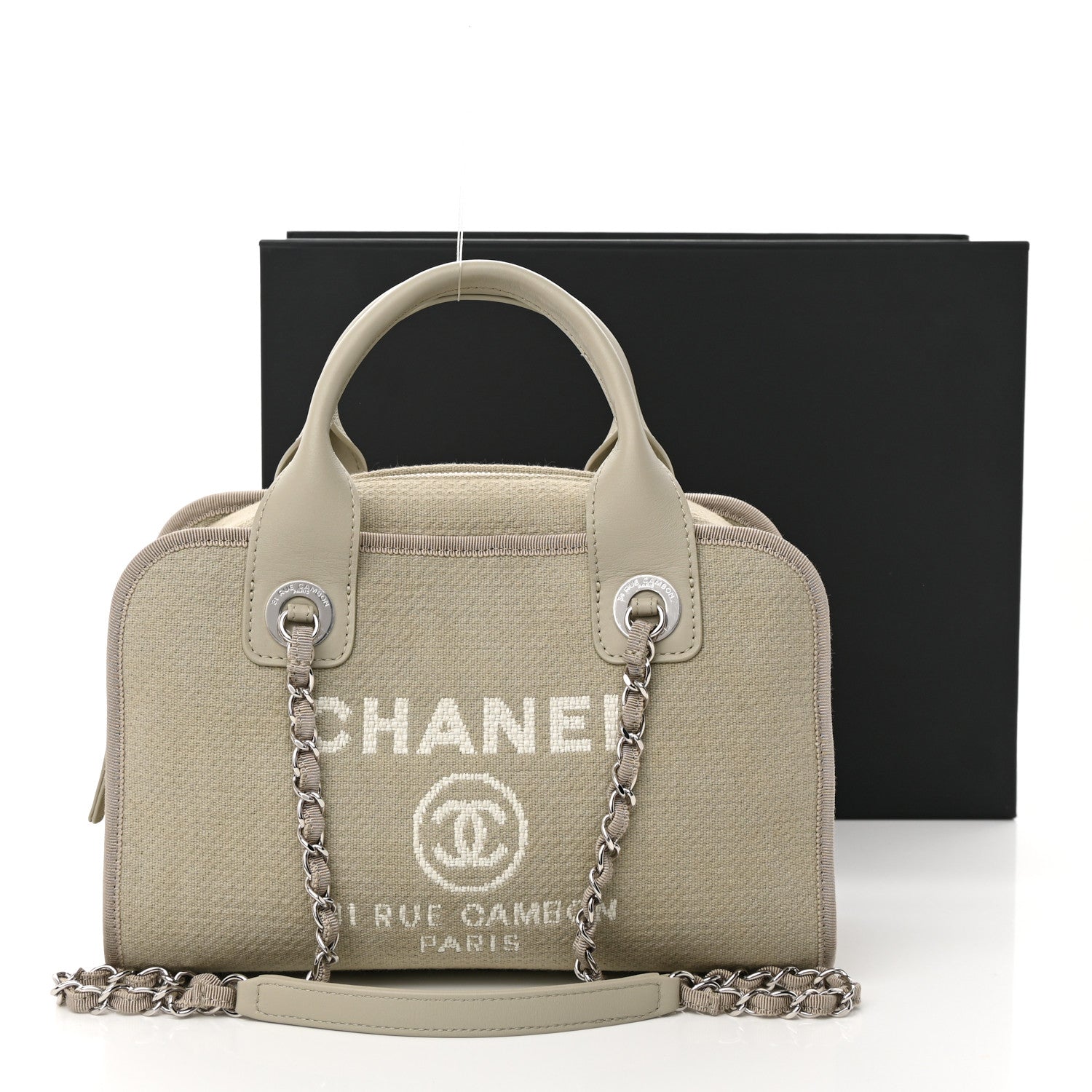 Chanel Canvas Deauville Bowling Bag Beige 14 of 14