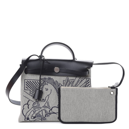 Hermes Vache Hunter Toile H Pegase Pop Herbag Zip Retourne 31 PM Bleu Indigo Ecru Black 1 of 12