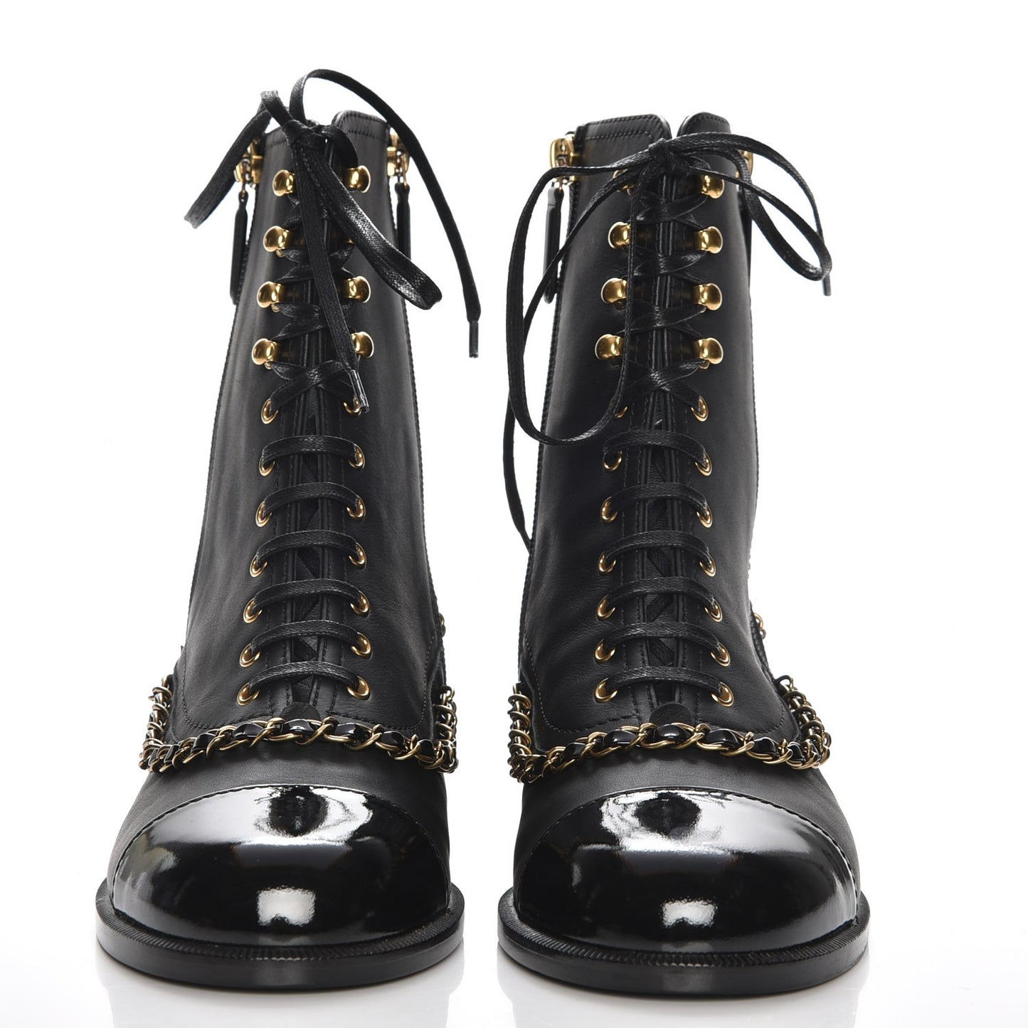 Calfskin Chain Lace Up Boots 37.5 Black