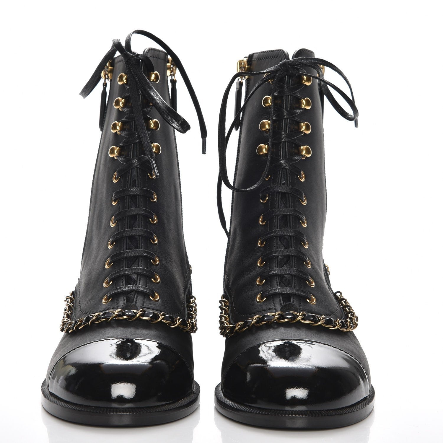 Chanel Calfskin Chain Lace Up Boots 37.5 Black 2 of 8