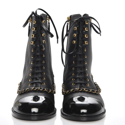 Chanel Calfskin Chain Lace Up Boots 37.5 Black 2 of 8