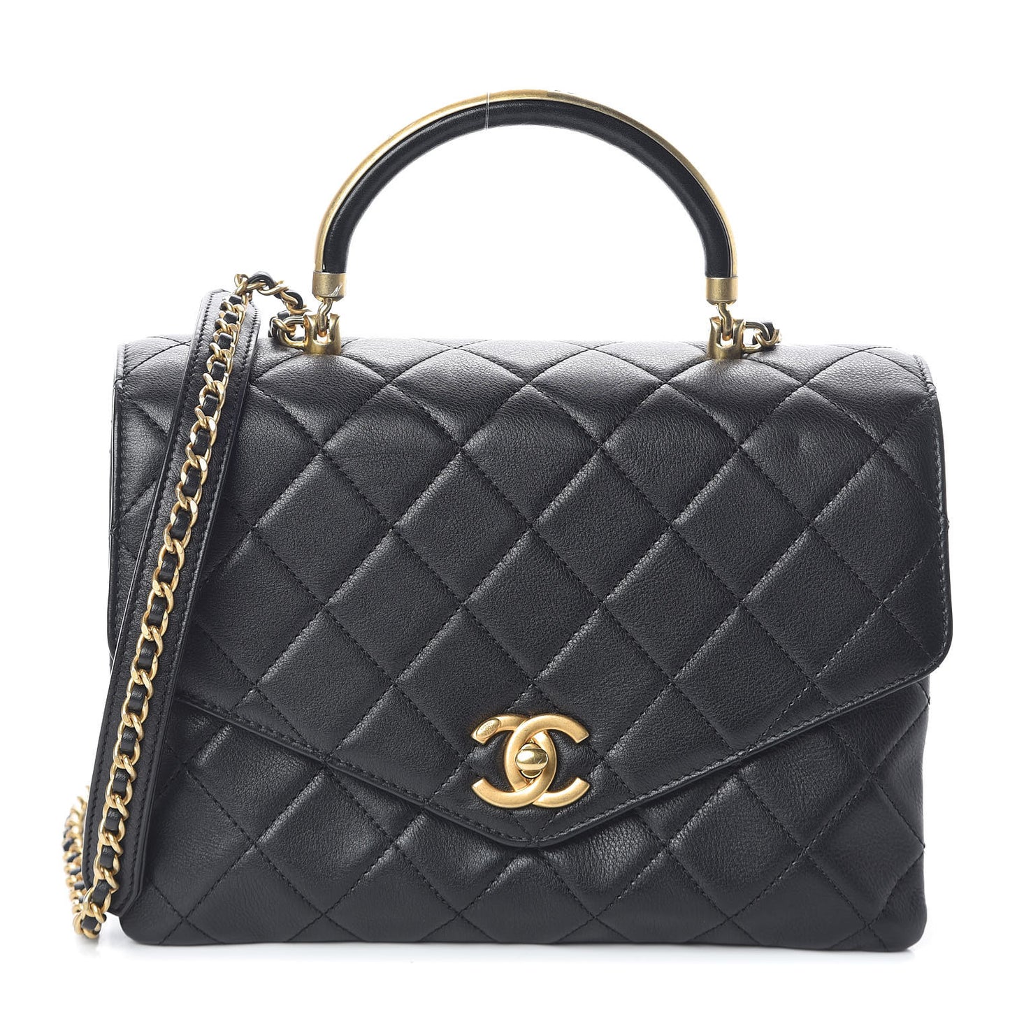 Calfskin Quilted Gold Top Handle Flap Black