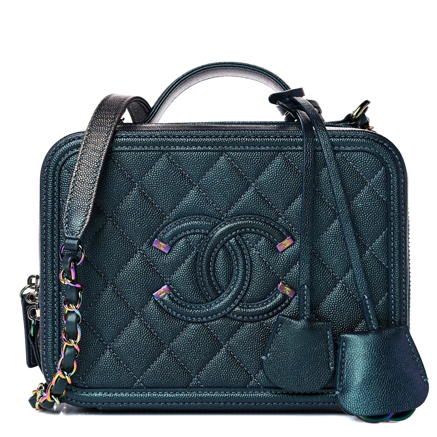 Iridescent Caviar Quilted Medium CC Filigree Vanity Case Dark Turquoise