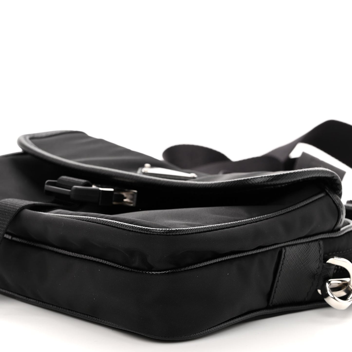 Re-Nylon Saffiano Pocket Single Snap Buckle Shoulder Bag Black