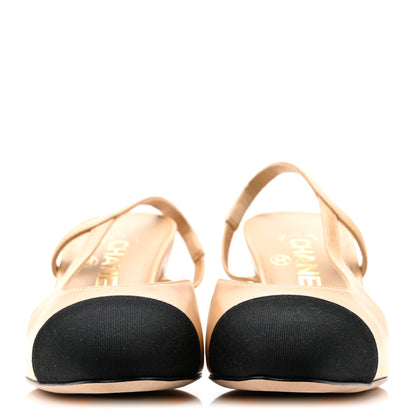 Chanel Goatskin Grosgrain Cap Toe CC Slingback Pumps 36.5 Beige Black 3 of 10