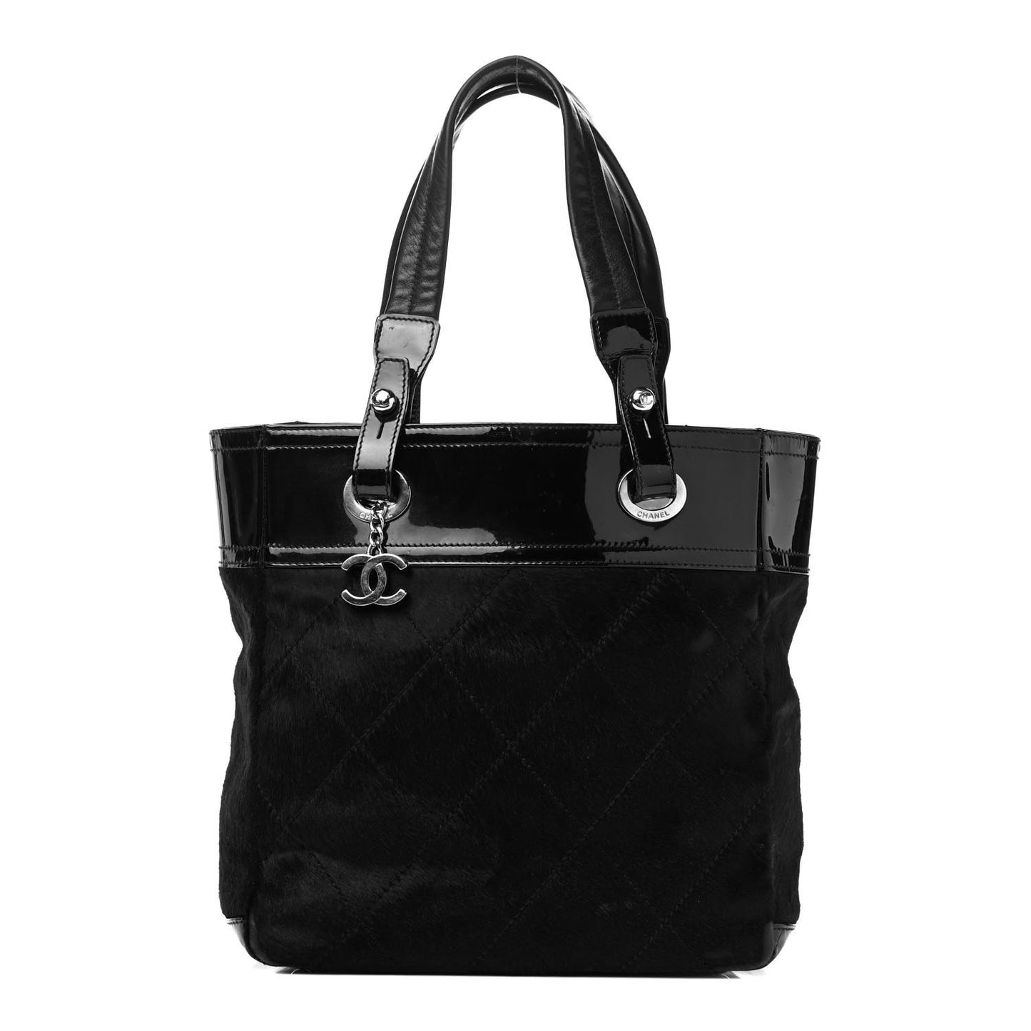 Patent Pony Hair Quilted Small Paris Biarritz Tote Black