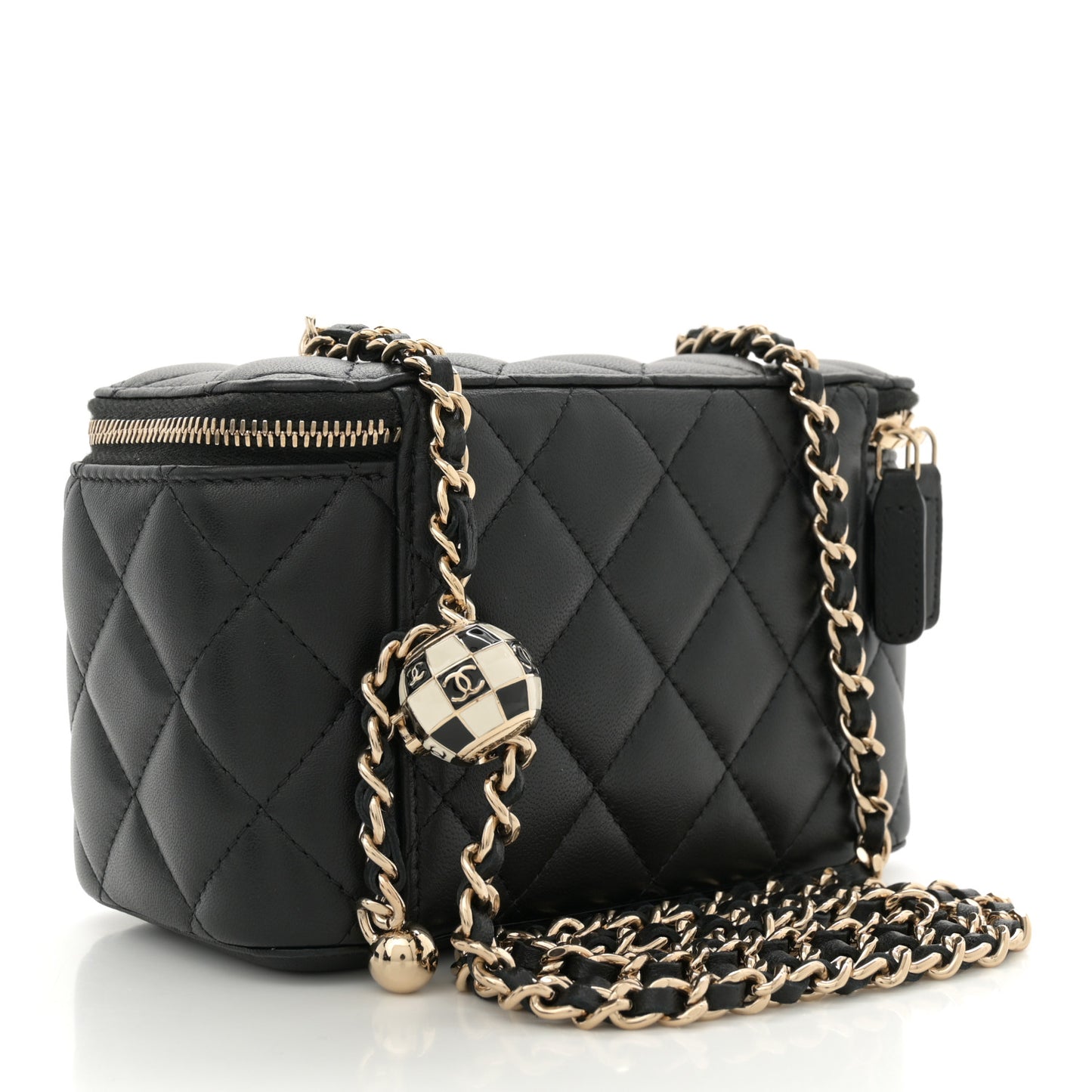 Lambskin Quilted Enamel CC Pearl Crush Small Vanity Case With Chain Black