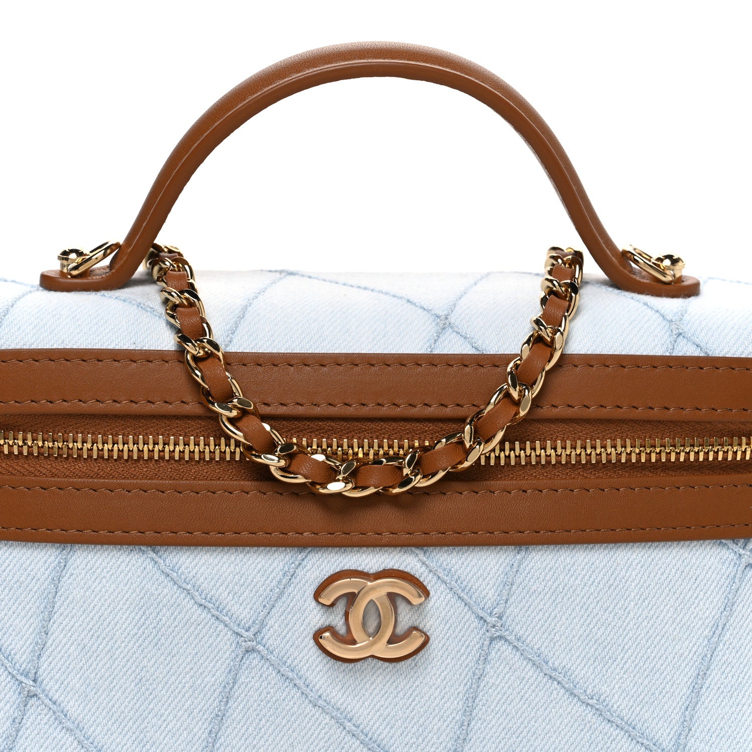 Chanel Washed Denim Calfskin Quilted Top Handle Slim Vanity Case With Chain Blue Brown 7 of 10