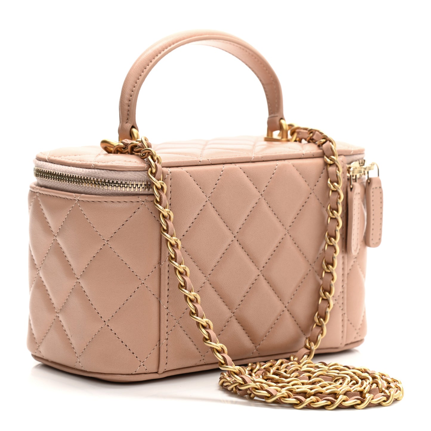 Lambskin Quilted Small Top Handle Vanity Case With Chain Beige