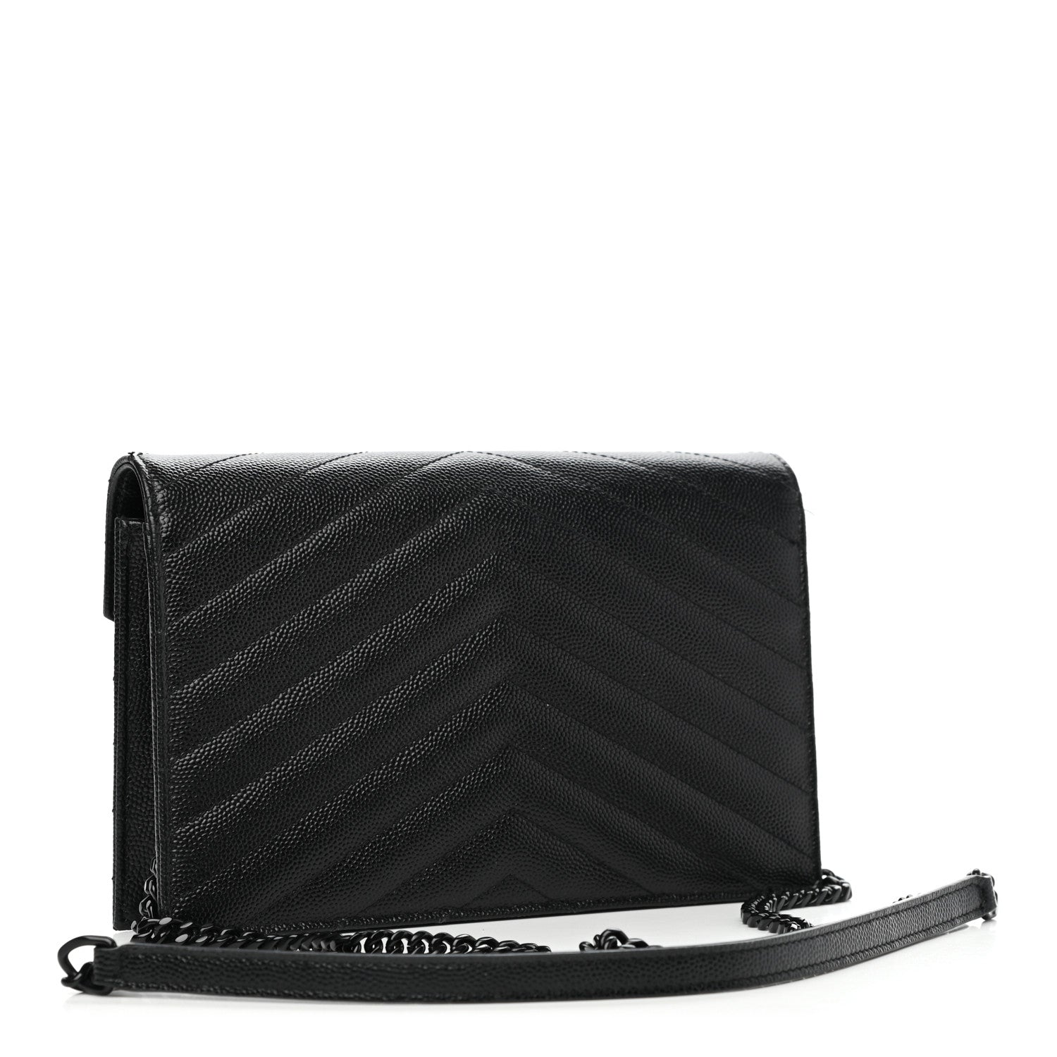 Saint Laurent Grain De Poudre Matelasse Chevron Monogram Monochrome Envelope Chain Wallet Black 2 of 13