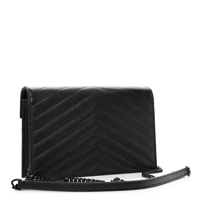 Saint Laurent Grain De Poudre Matelasse Chevron Monogram Monochrome Envelope Chain Wallet Black 2 of 13