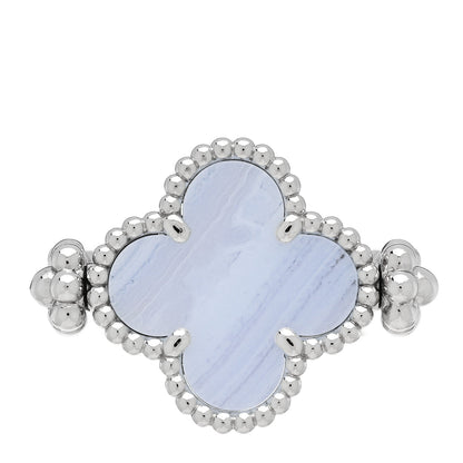 Van Cleef & Arpels 18K White Gold Diamond Chalcedony Reversible Guilloche Vintage Alhambra Ring 54 7 3 of 7