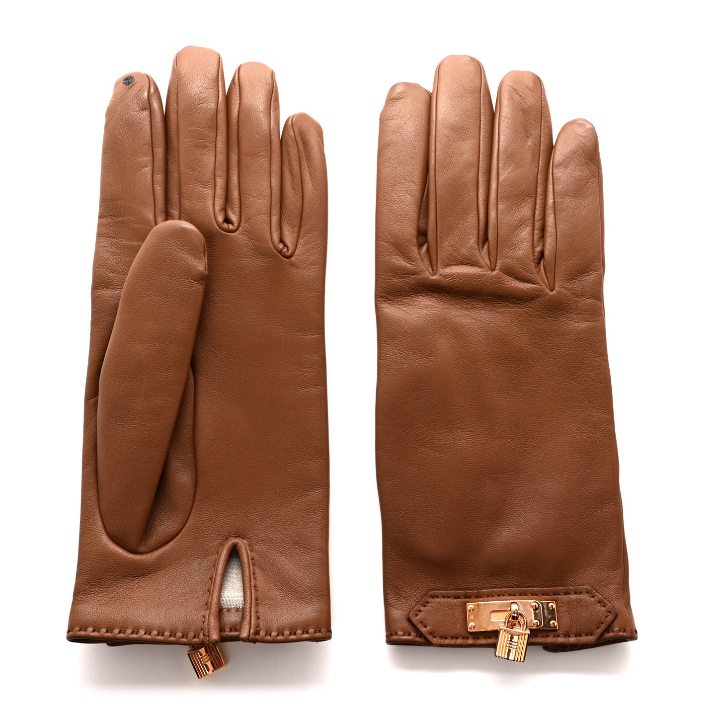 Lambskin Soya Kelly Lock Gloves 7.5 Brown