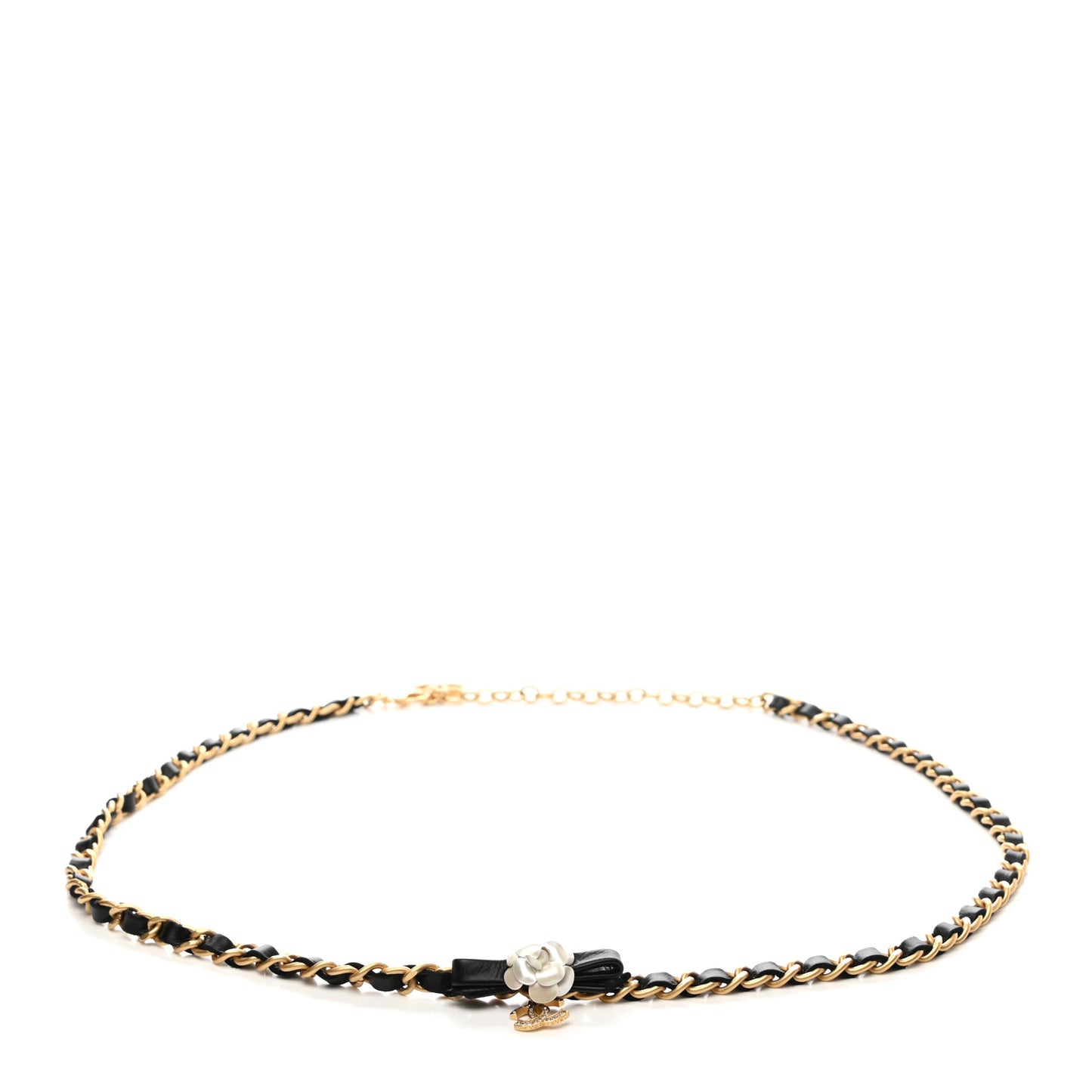 Calfskin Crystal Chain Camellia Belt 80 Black Gold