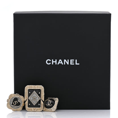 Chanel Resin Crystal Quilted CC Brooch Set Gold Black 5 of 5