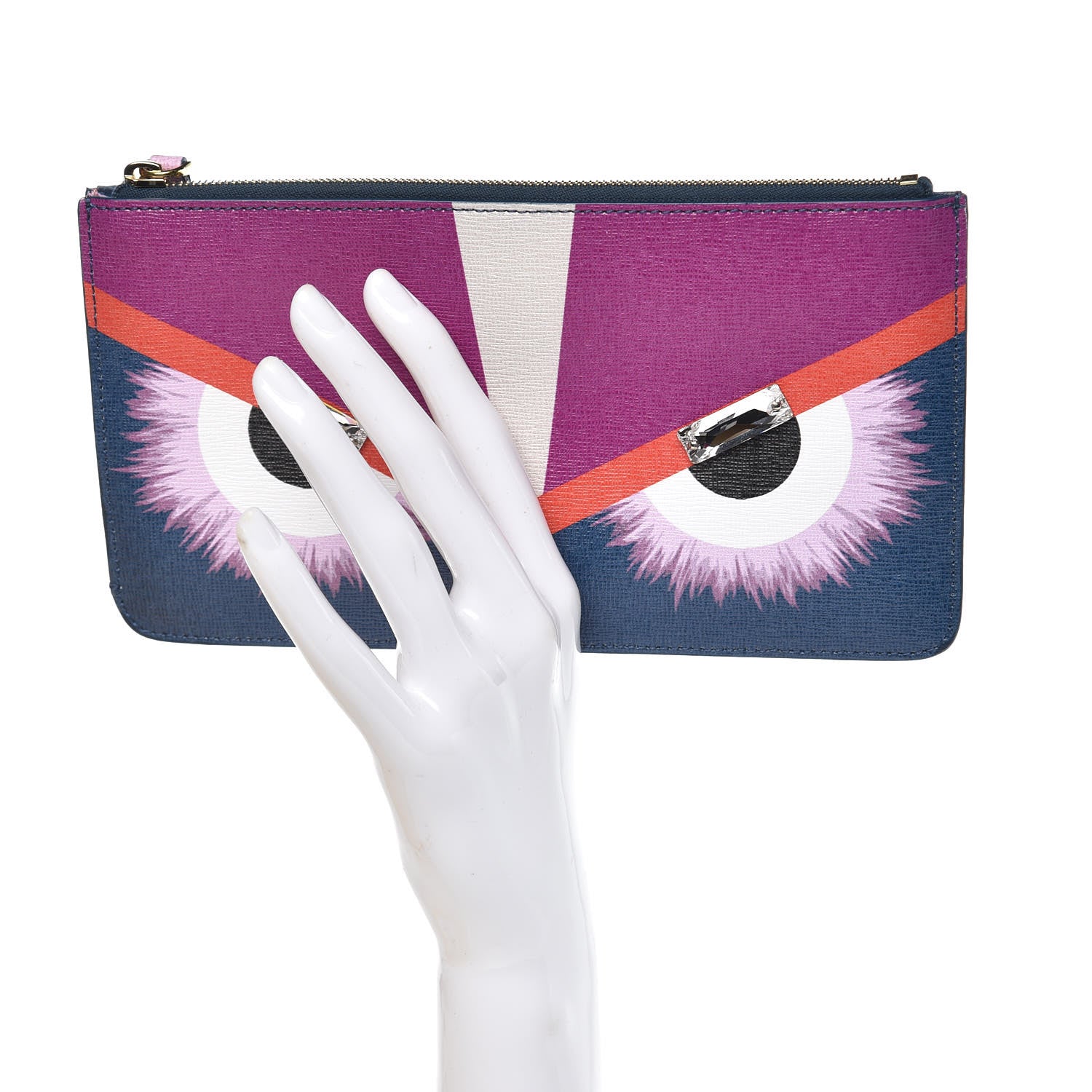 Fendi Vitello Elite Crystal Eye Monster Zip Pouch Cobalt Multicolor 2 of 8
