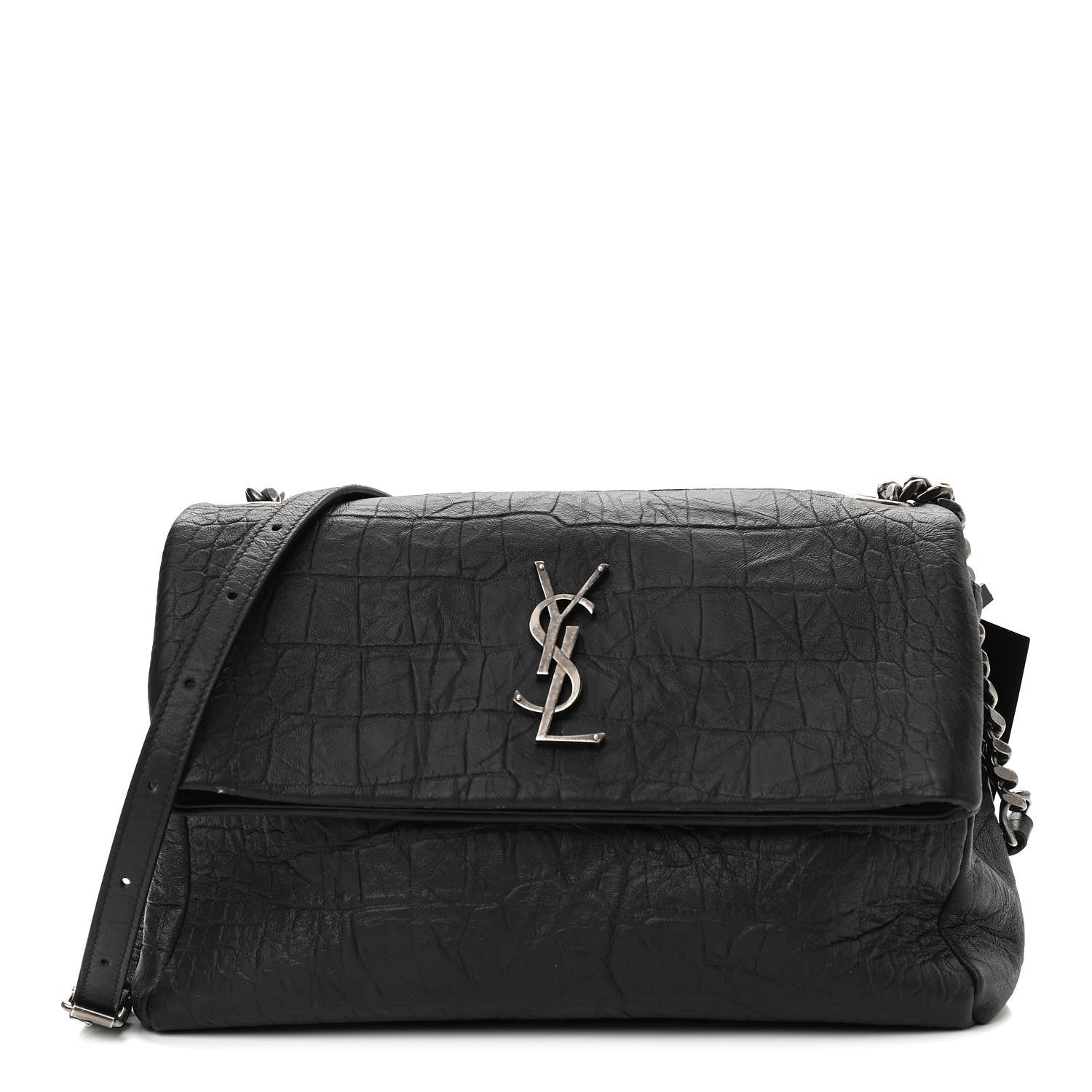 Saint Laurent Calfskin Crocodile Embossed Medium West Hollywood Monogram Fold-Over Black 1 of 14