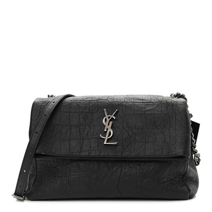 Saint Laurent Calfskin Crocodile Embossed Medium West Hollywood Monogram Fold-Over Black 1 of 14