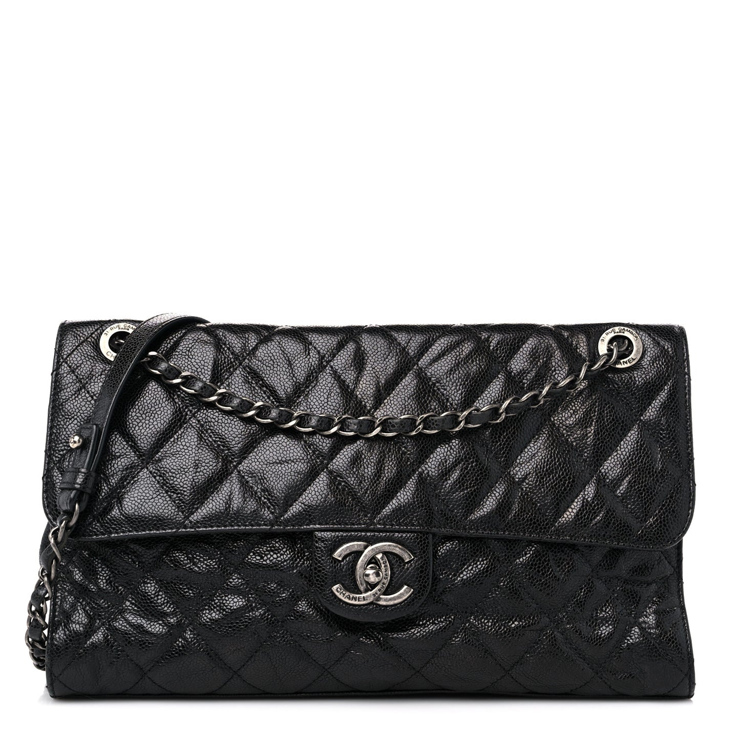 Crumpled Grained Calfskin Jumbo CC Crave Flap Black