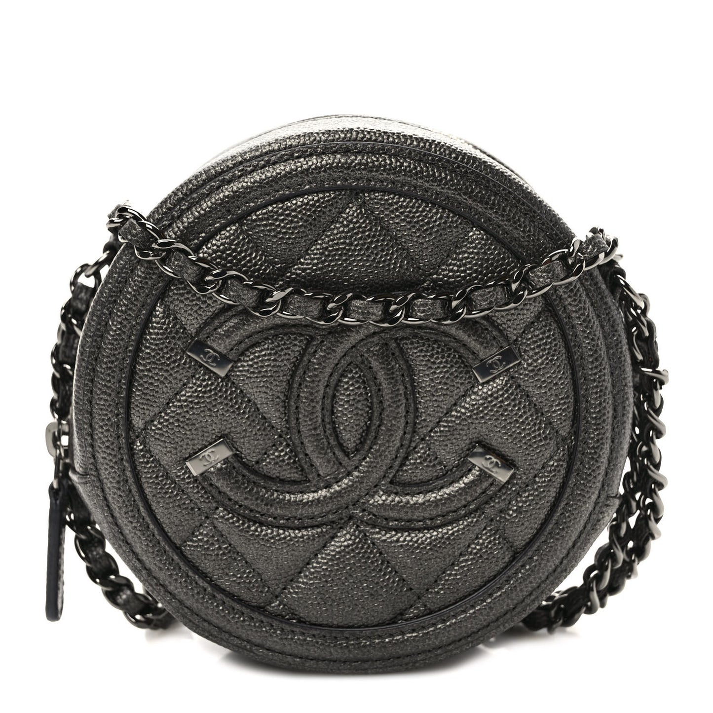 Metallic Caviar Quilted Round Filigree Crossbody Ruthenium