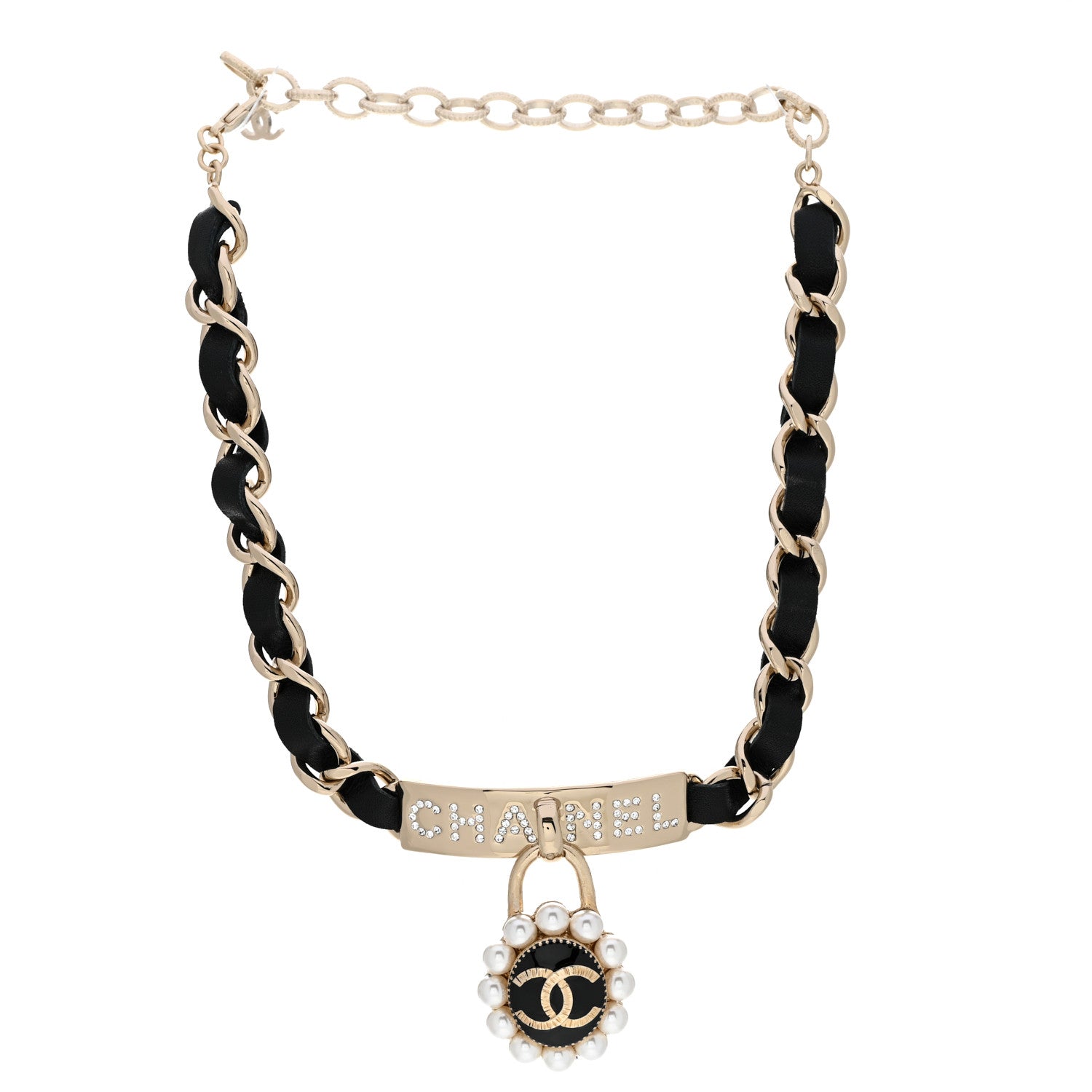Chanel Pearl Crystal Lambskin CC Logo Choker Gold Black 3 of 5