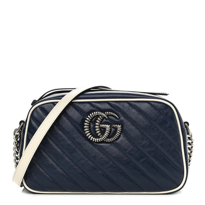 Gucci Vintage Effect Calfskin Matelasse Diagonal Small Torchon GG Marmont Chain Shoulder Bag Blue Agata Mystic White 1 of 10