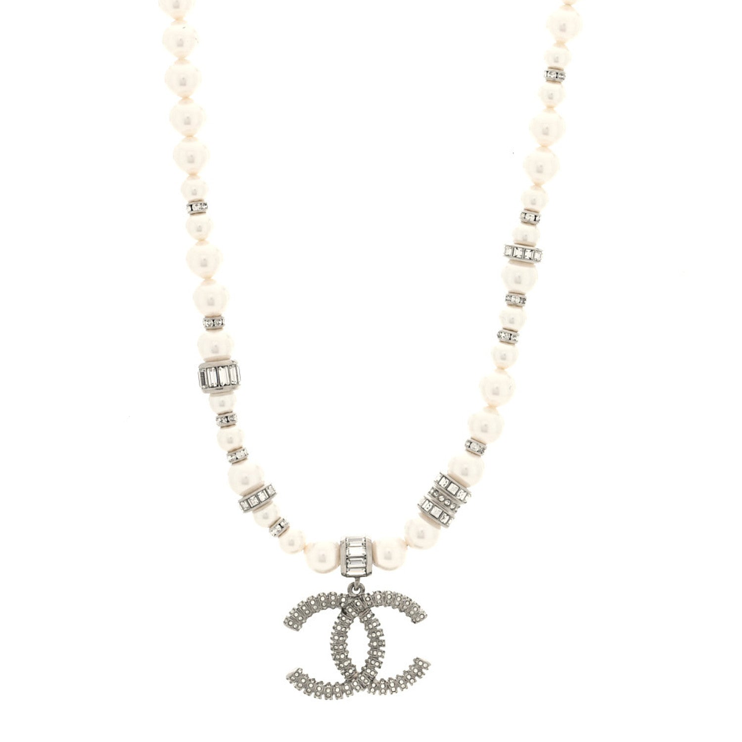 Chanel Crystal Pearl CC Choker Necklace Silver 1 of 4