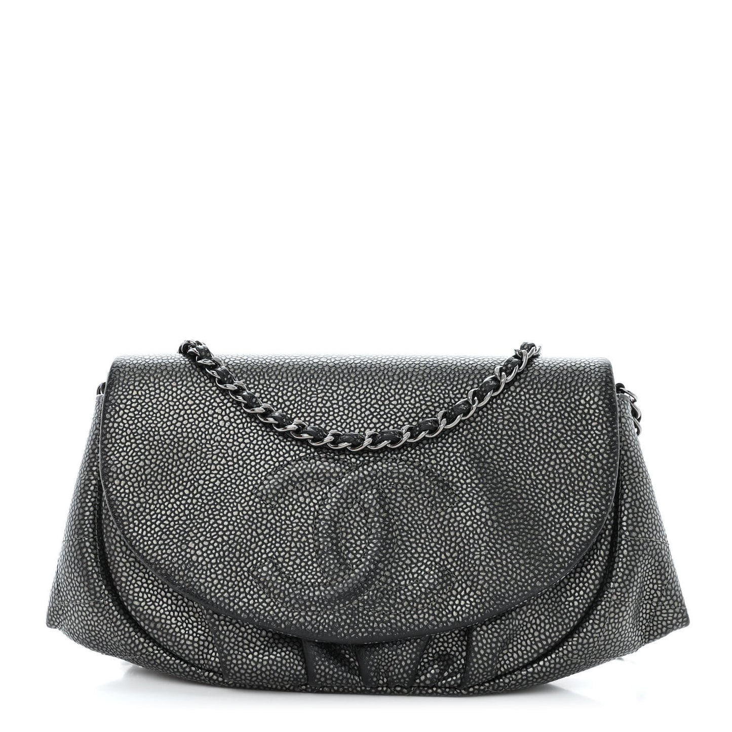 Metallic Caviar Half Moon Wallet On Chain WOC Dark Silver