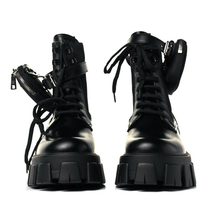 Prada Spazzolato Rois Nylon Metal Triangle Logo Monolith Pouch Pocket 55mm Boots 38.5 Black 3 of 6