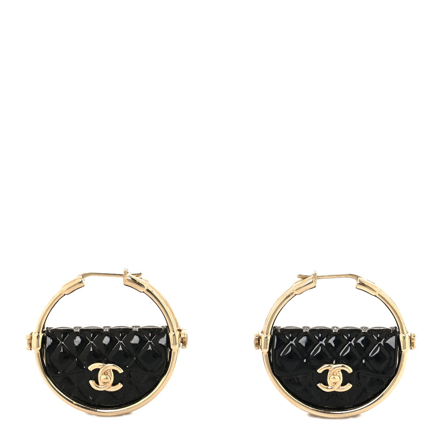 Metal Resin Quilted Flap Bag Hoop Earrings Black Gold