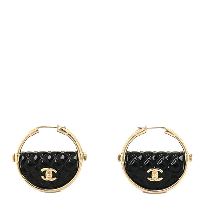 Chanel Metal Resin Quilted Flap Bag Hoop Earrings Black Gold 1 of 5