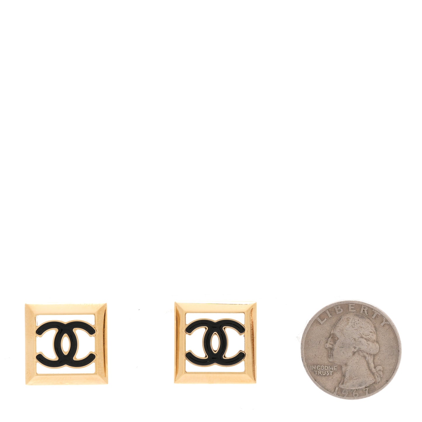 Metal Enamel CC Square Earrings Gold Black