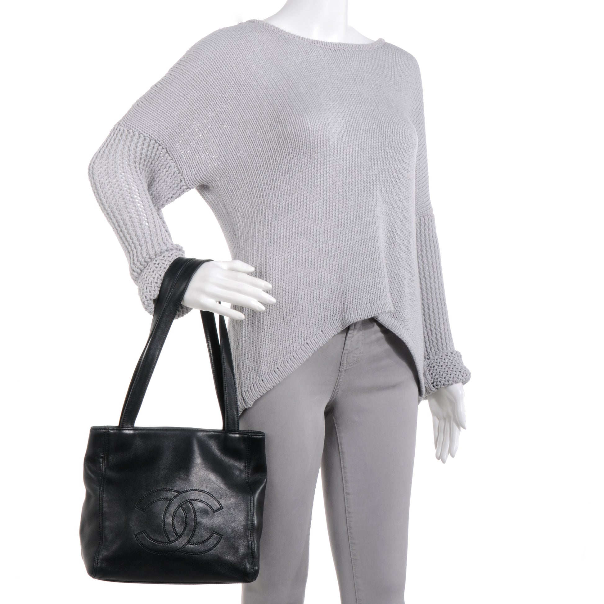 Chanel Lambskin Small CC Stitched Tote Black 2 of 7