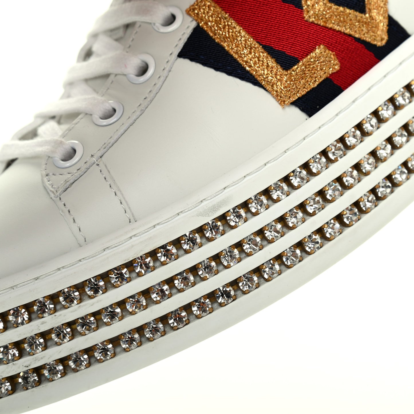Calfskin Crystal Web LOVED Embroidered Womens Ace Platform Sneakers 37 White Red Flame Notte