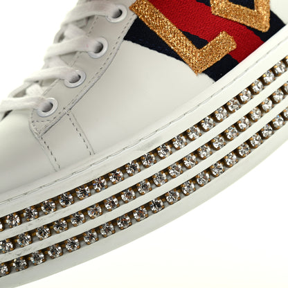 Gucci Calfskin Crystal Web LOVED Embroidered Womens Ace Platform Sneakers 37 White Red Flame Notte 11 of 16