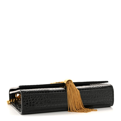 Saint Laurent Calfskin Crocodile Embossed Small Classic Monogram Kate Tassel Satchel Black 4 of 12