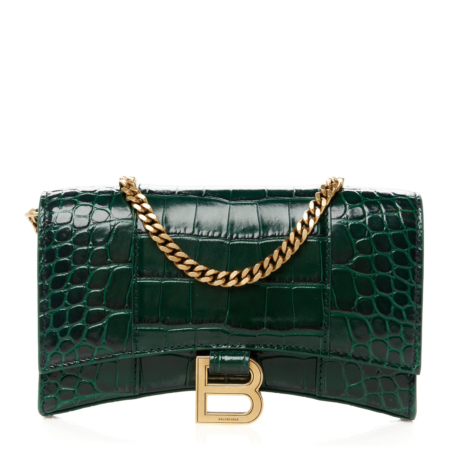 Balenciaga Shiny Calfskin Crocodile Embossed Hourglass Chain Bag Forest Green 1 of 11