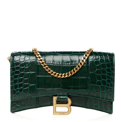 Balenciaga Shiny Calfskin Crocodile Embossed Hourglass Chain Bag Forest Green 1 of 11