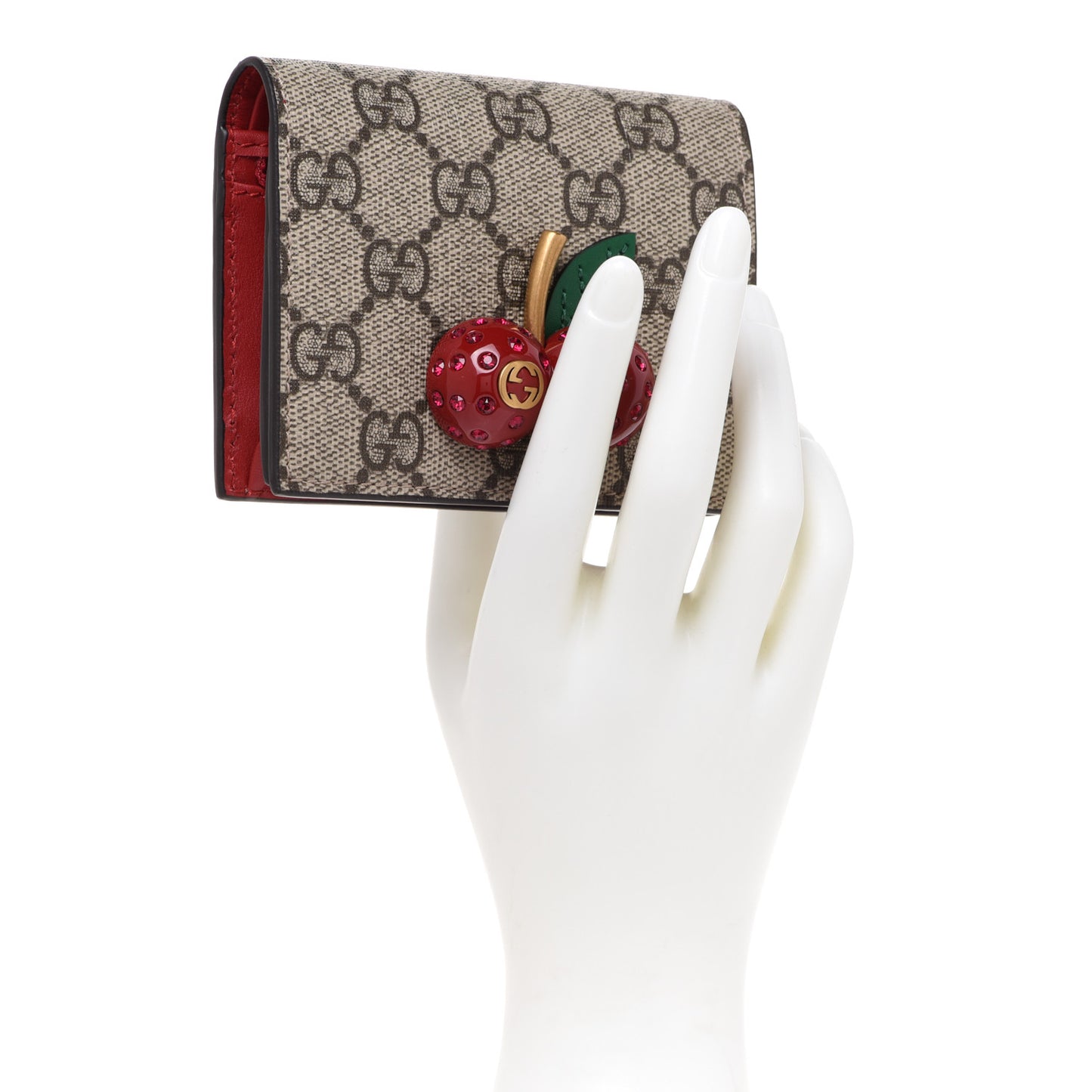 GG Supreme Monogram Cherry Embellished Card Case Wallet Hibiscus Red