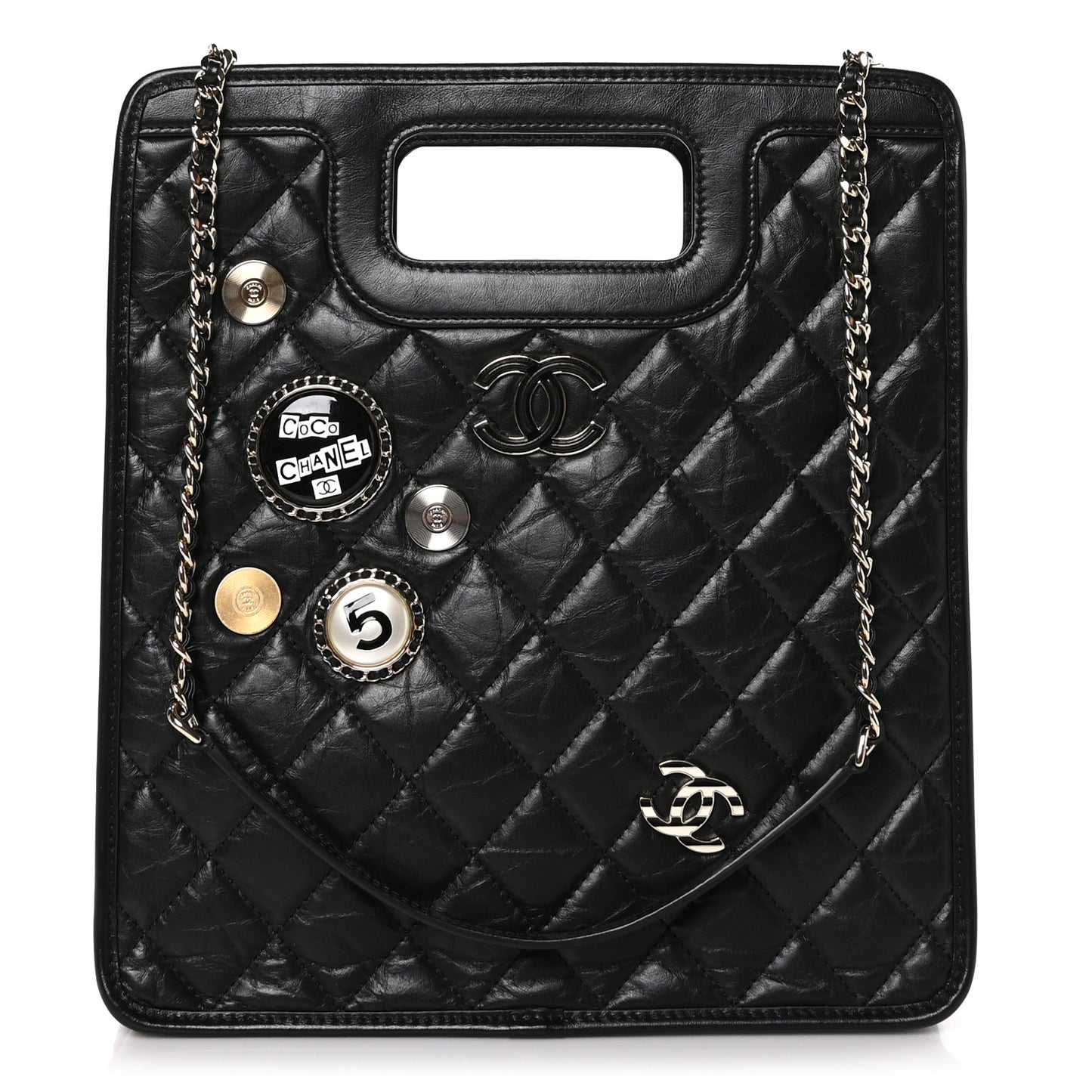Aged Calfskin Small Charms Shopping Bag Black