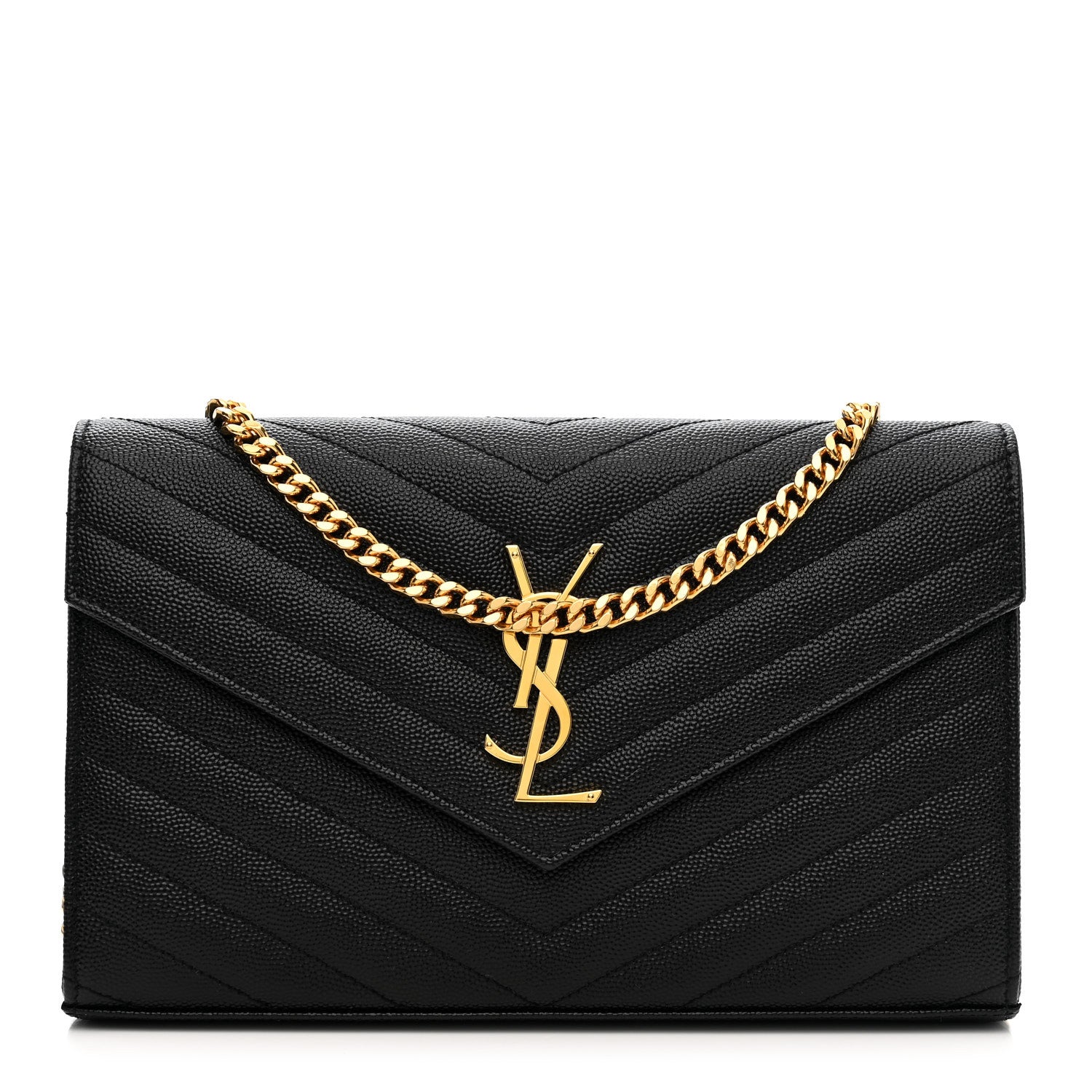 Saint Laurent Grain De Poudre Matelasse Chevron Monogram Chain Wallet Black 1 of 9